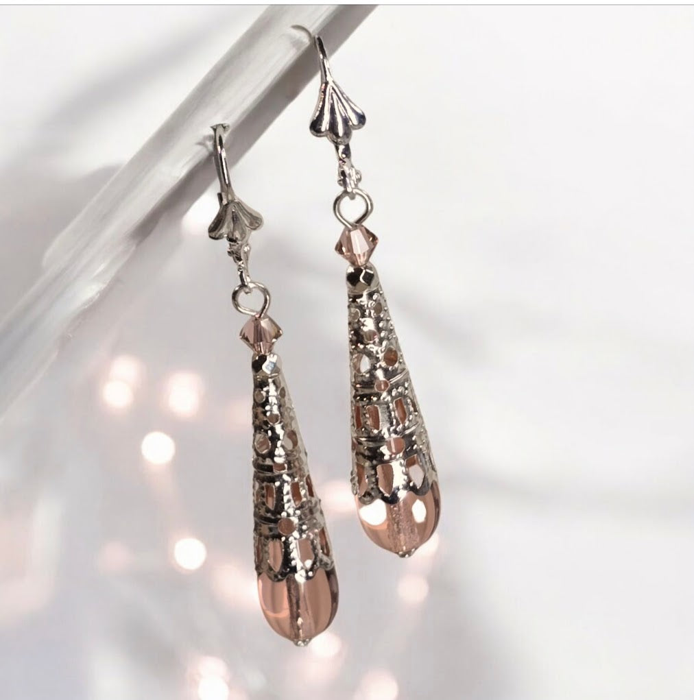 Filagree Capped Venetian Glass Teardrop Earrings