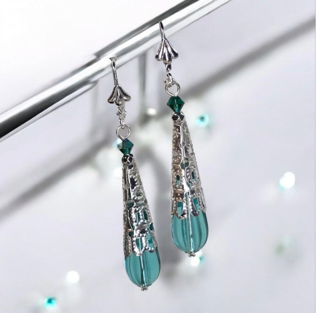 Filagree Capped Venetian Glass Teardrop Earrings