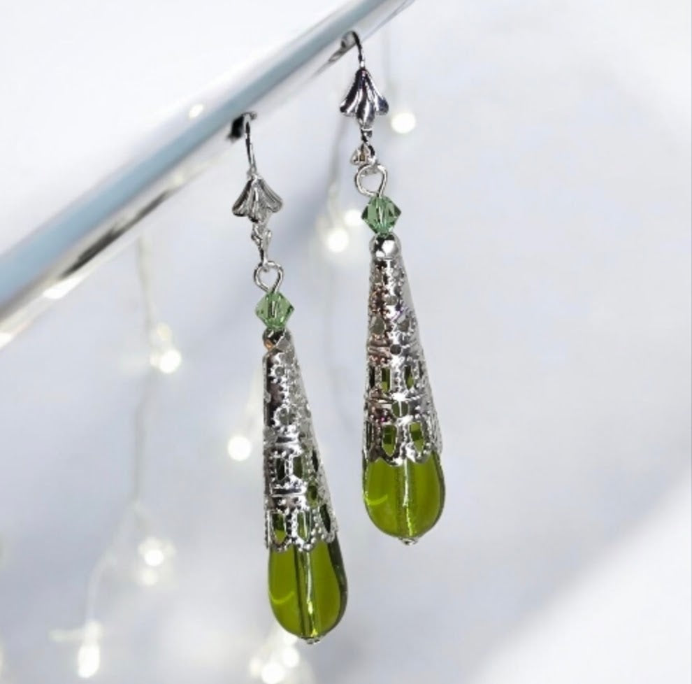 Filagree Capped Venetian Glass Teardrop Earrings