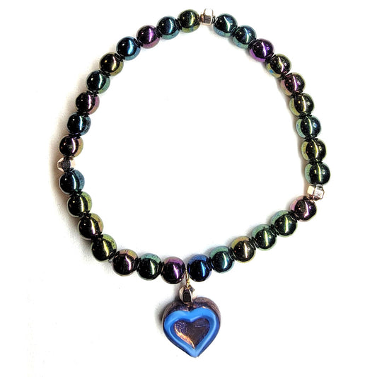 Hematite Blue/Green Heart Stretchy Bracelet