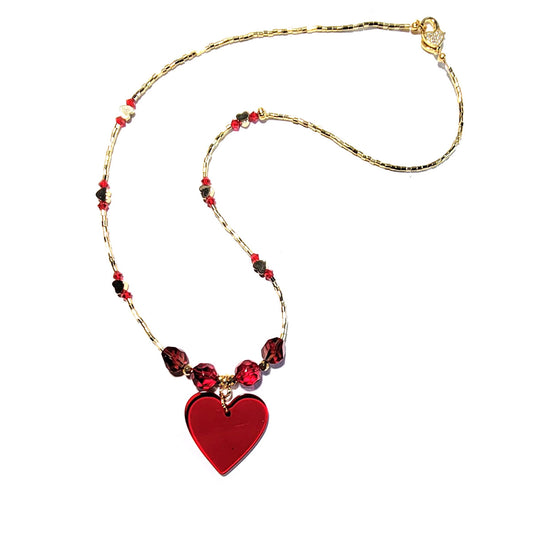 Red Acrylic Disc Heart Focal Bead Necklace