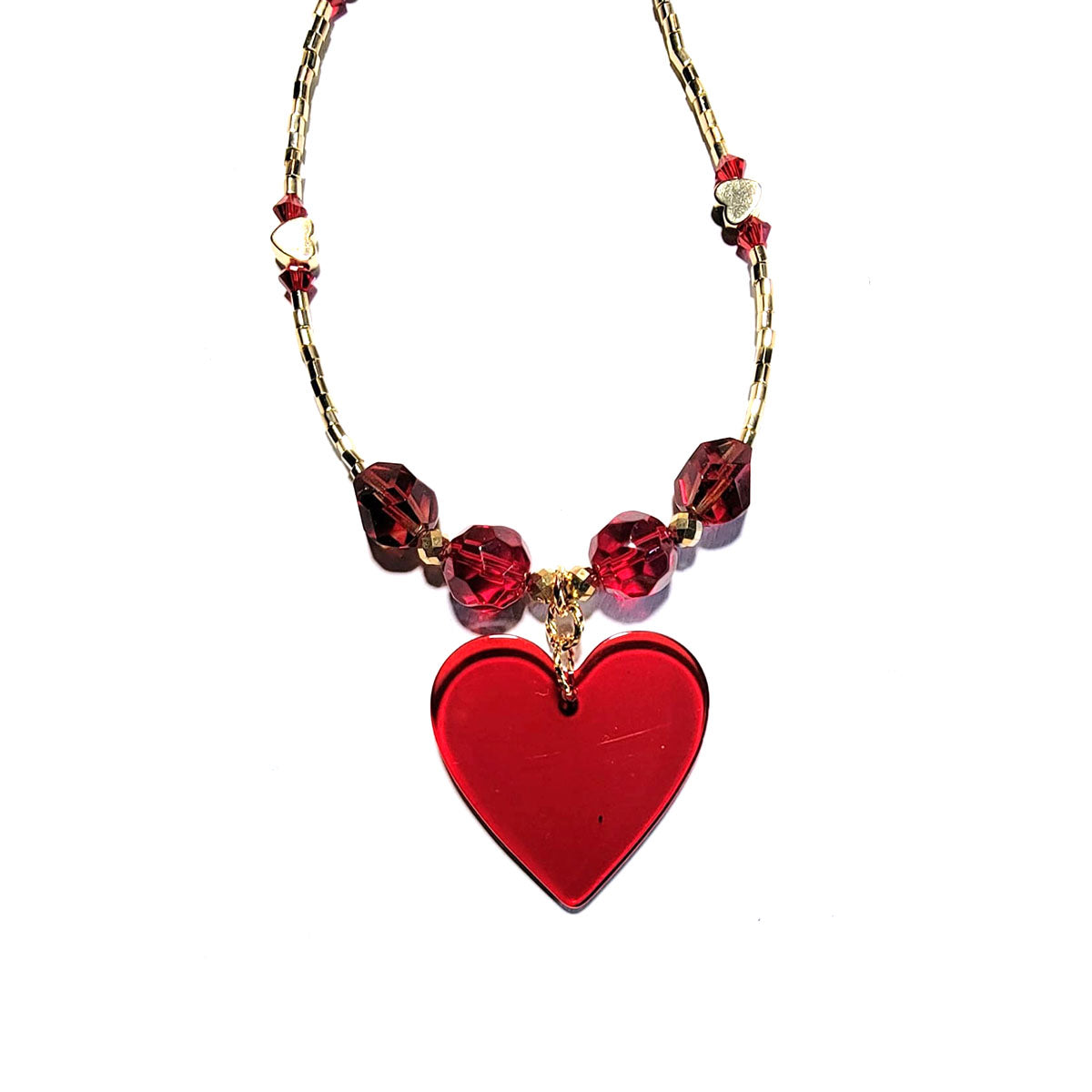 Red Acrylic Disc Heart Focal Bead Necklace