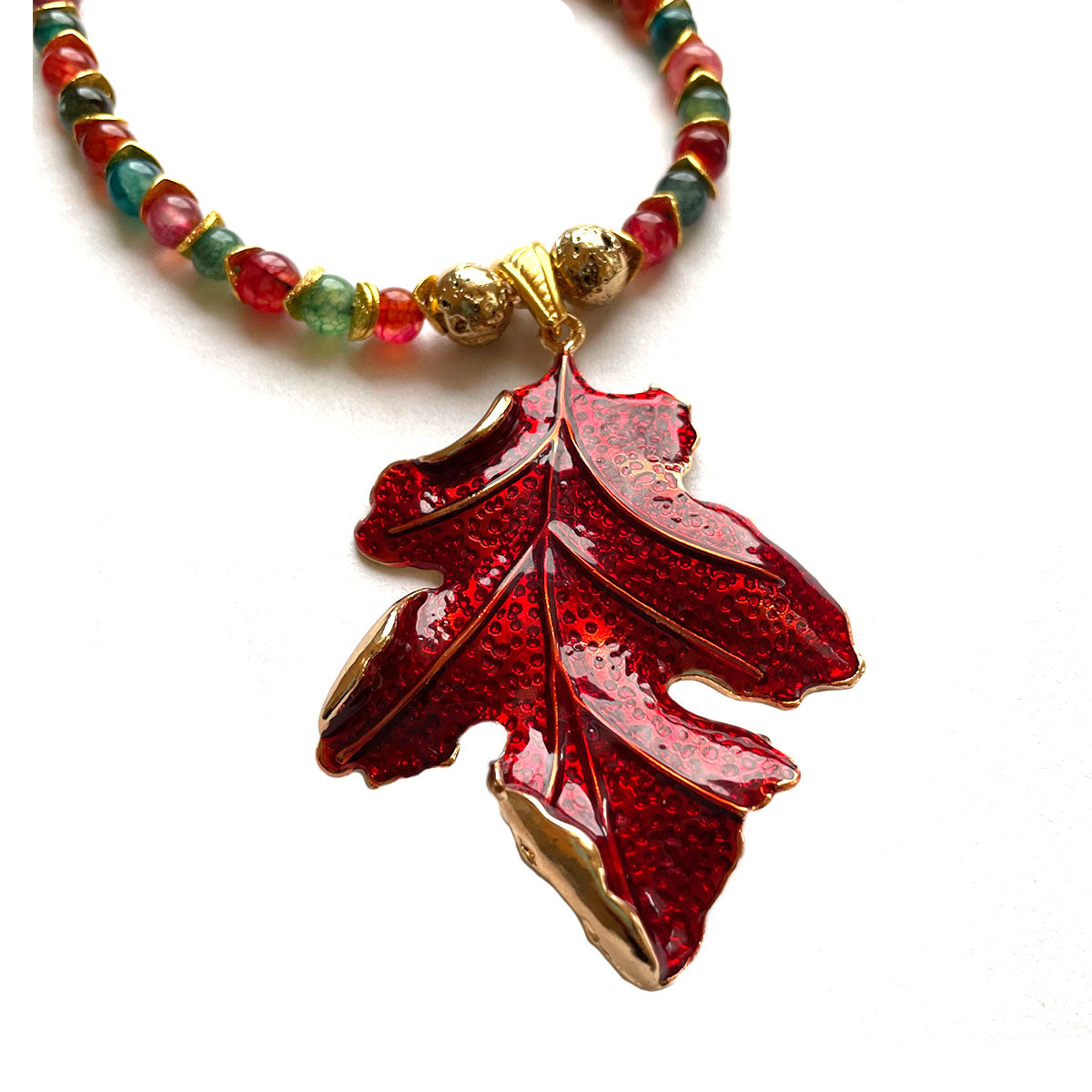 Mixed Agate Red Enamel Oak Leaf Necklace