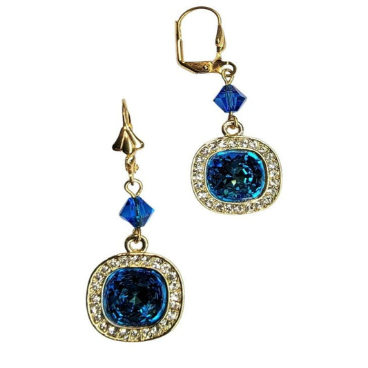 Swarovski Bermuda Blue Cushion Cut CZ Framed Dangle Earrings