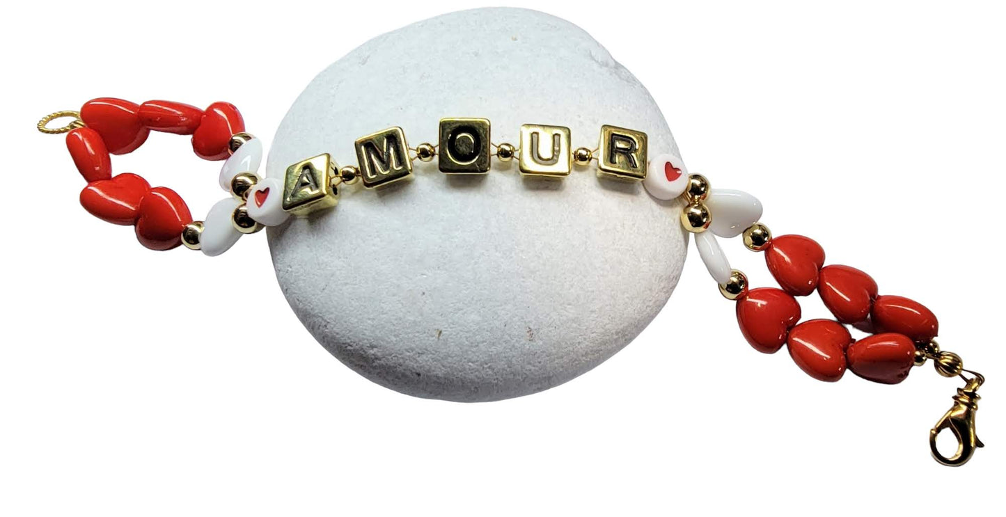 Clear Blue Glass Heart "Amour" Lettered Bracelet