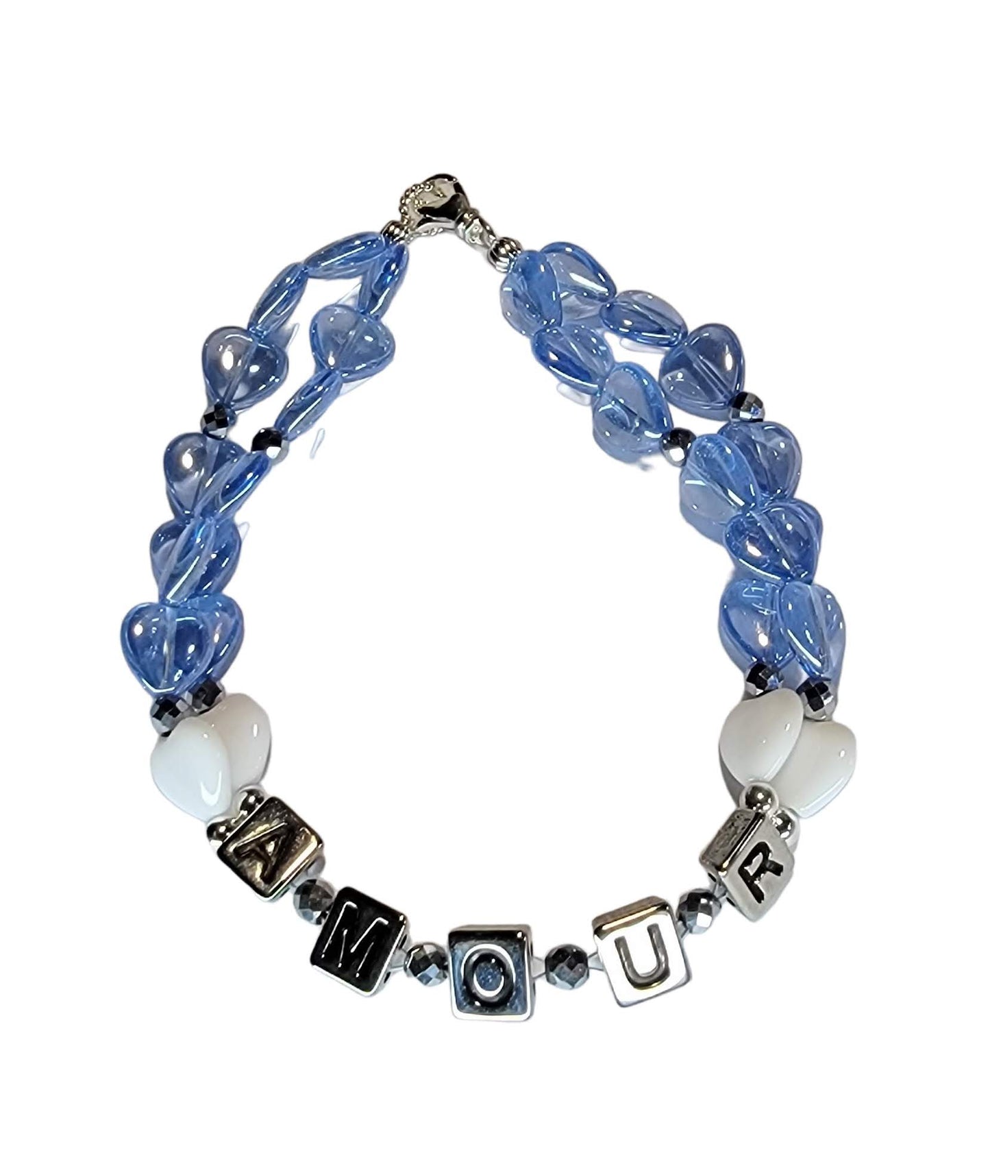 Clear Blue Glass Heart "Amour" Lettered Bracelet