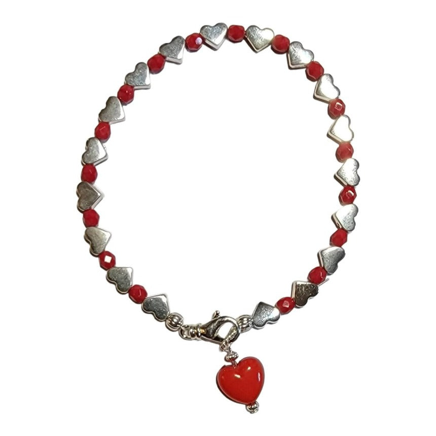 Red Hots Heart Silver Hearts Bracelet