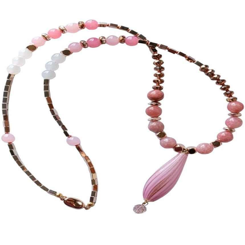 Pink Agate and Venetian Glass Focal Bead Necklace