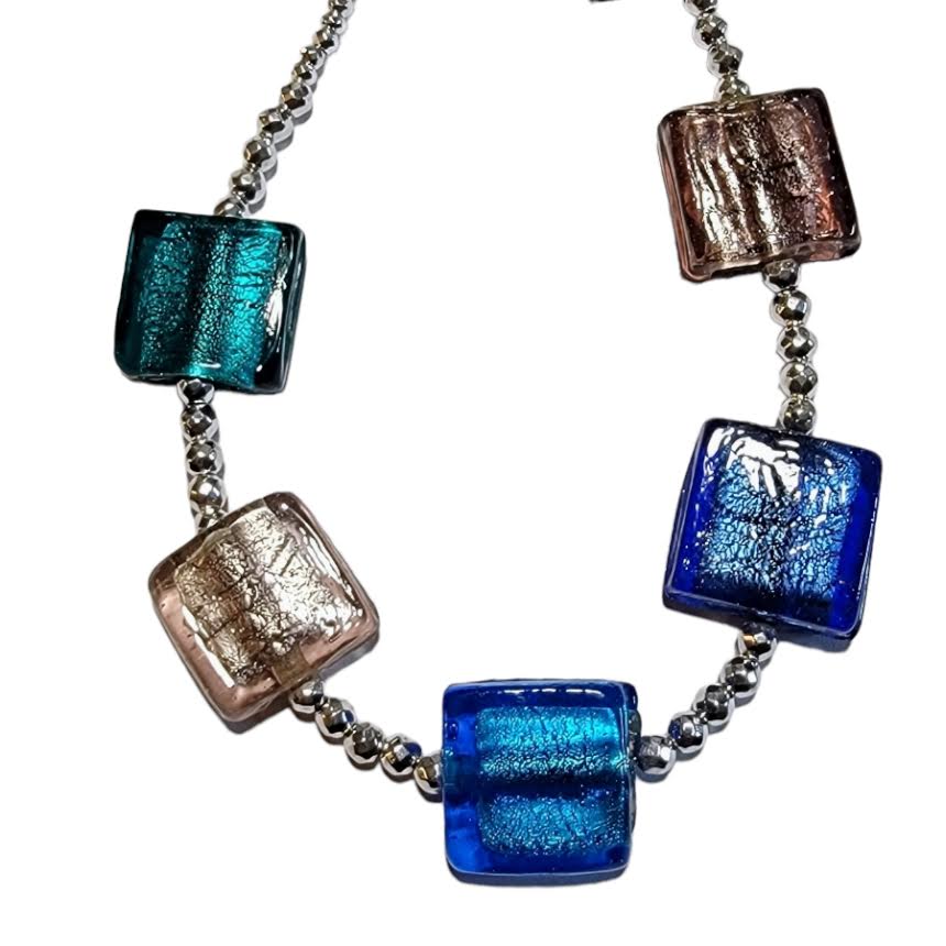 Venetian Glass Sea Colors Silver Tone Necklace