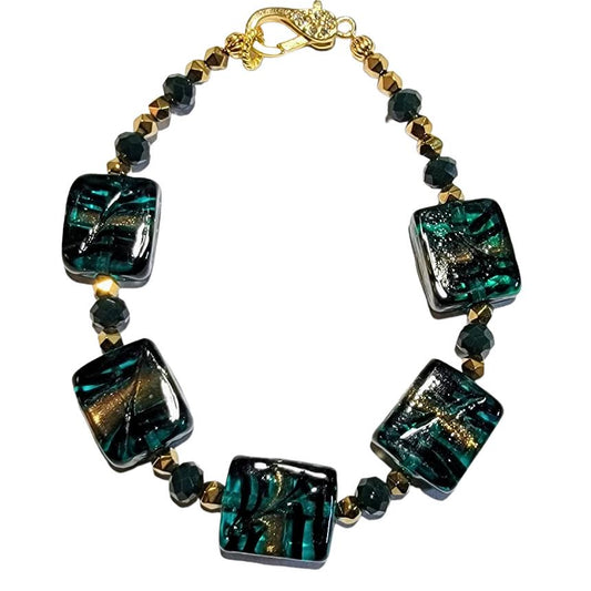 Venetian Glass Teal Green Bronze Stripe Square Bracelet