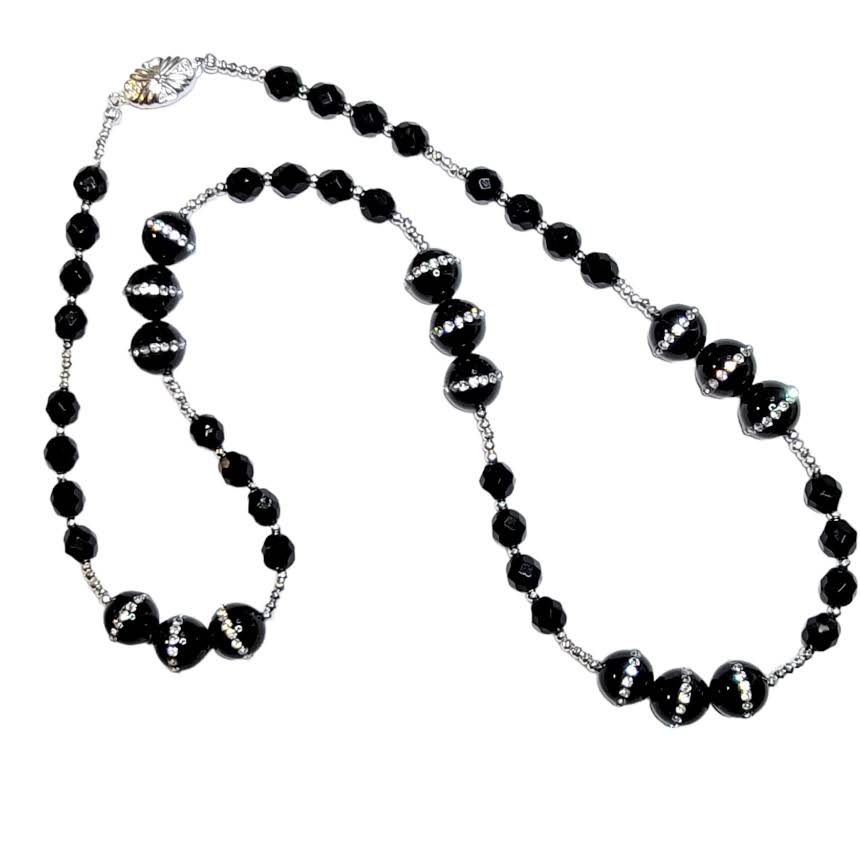 Black Onyx Framed Crystals Silver Tone Necklace