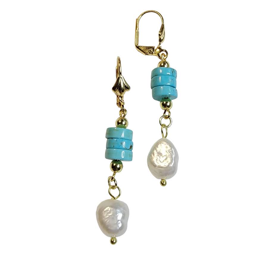 Freshwater Pearl Stacked Turquoise Disc Bead Earring