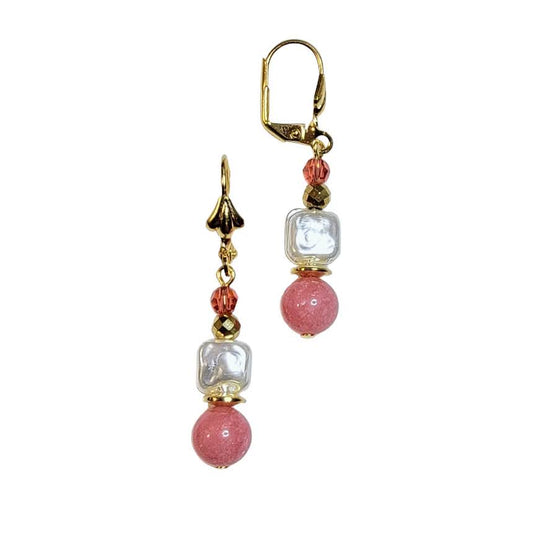 Square Pearl Coral Quartz Gold Tone Earring