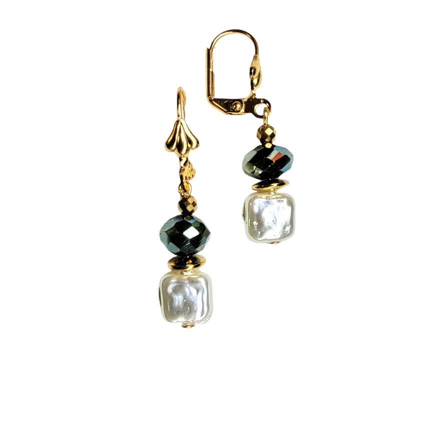 Square Pearl Blue Green Dangle Gold Tone Earring