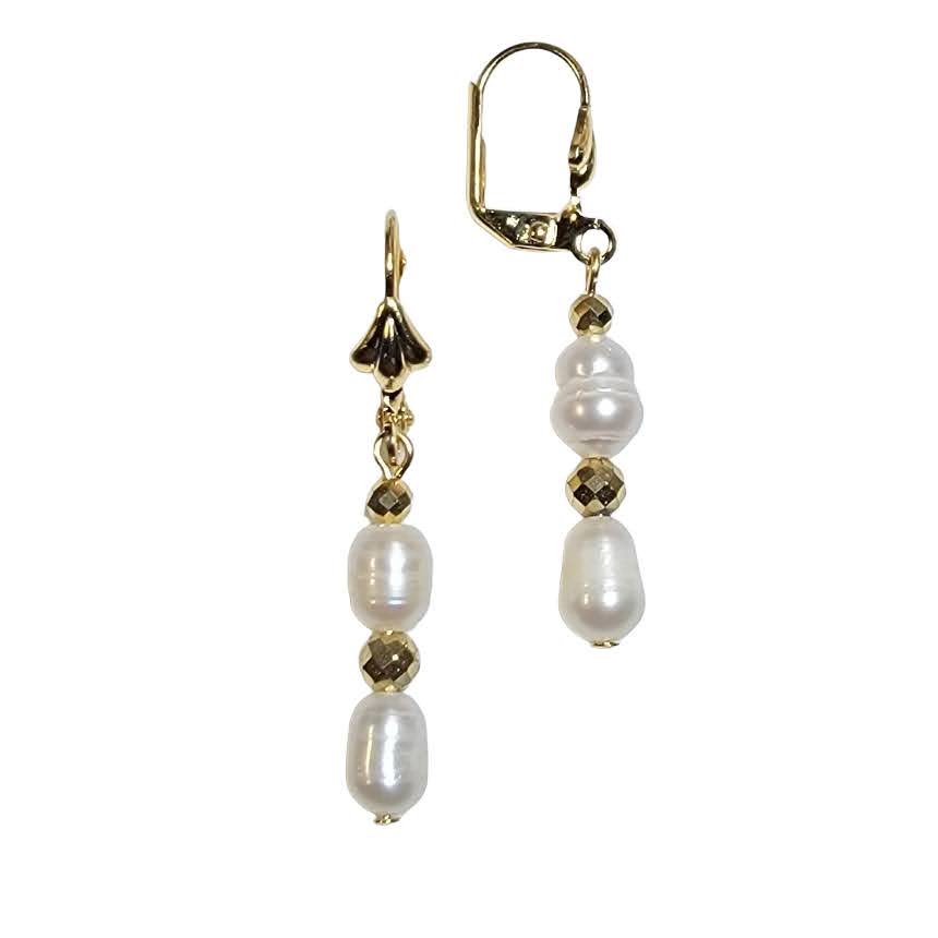 Freshwater Double Pearl Dangle Gold Tone Earring