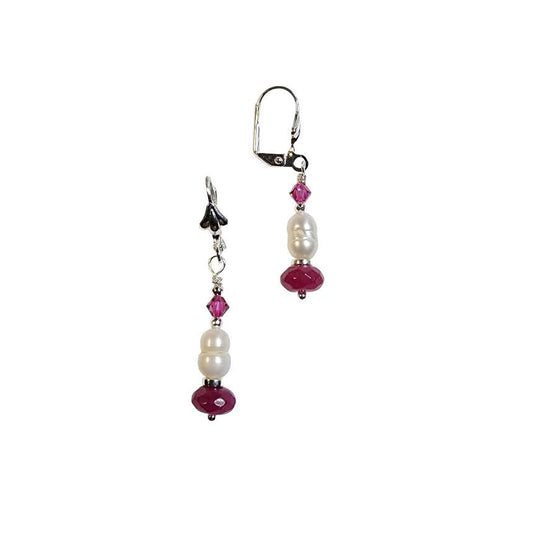 Freshwater Pearl Ruby Jade Dangle Silver Tone Earring