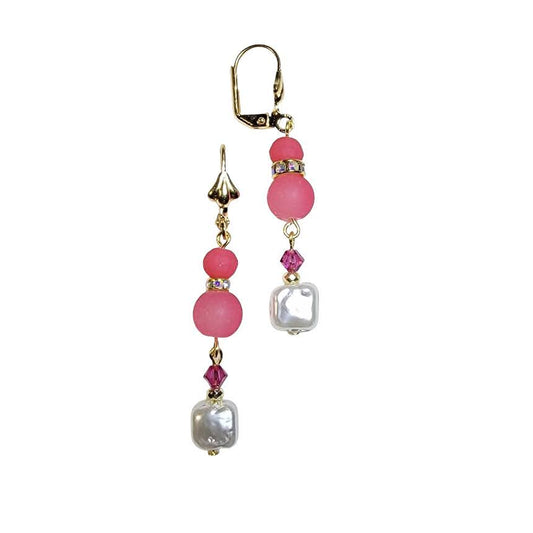 Square Pearl Double Coral Quartz Gold Tone Earring