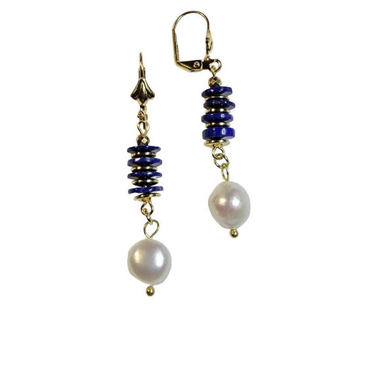 Freshwater Pearl Lapis Lazuli Stack Disc Dangle Earring