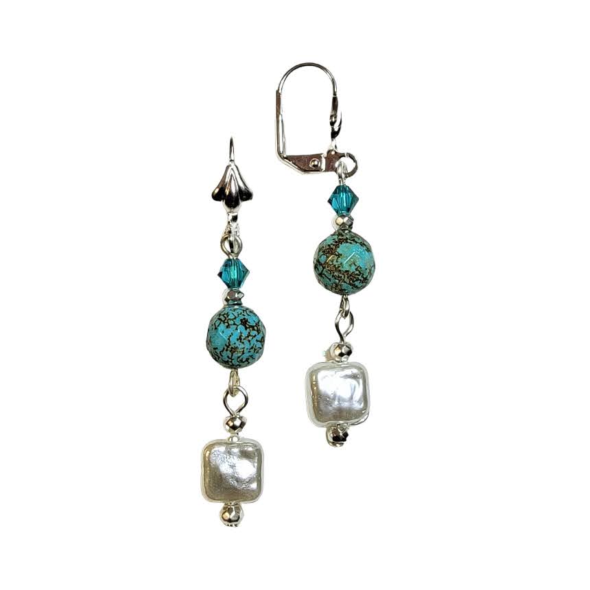 Square Pearl Turquoise Dangle Earring