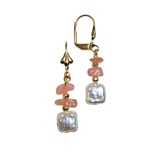 Square Pearl Coral Quartz Chips Gold Tone Earring