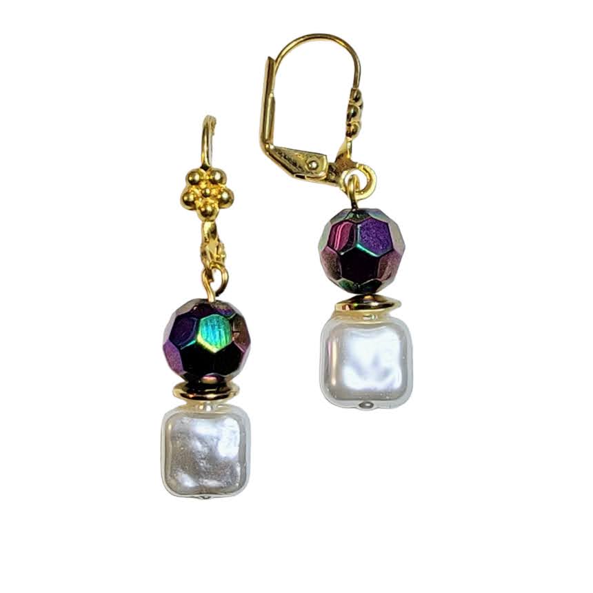 Square Pearl Blue Green Faceted Round Dangle Gold Tone Earring