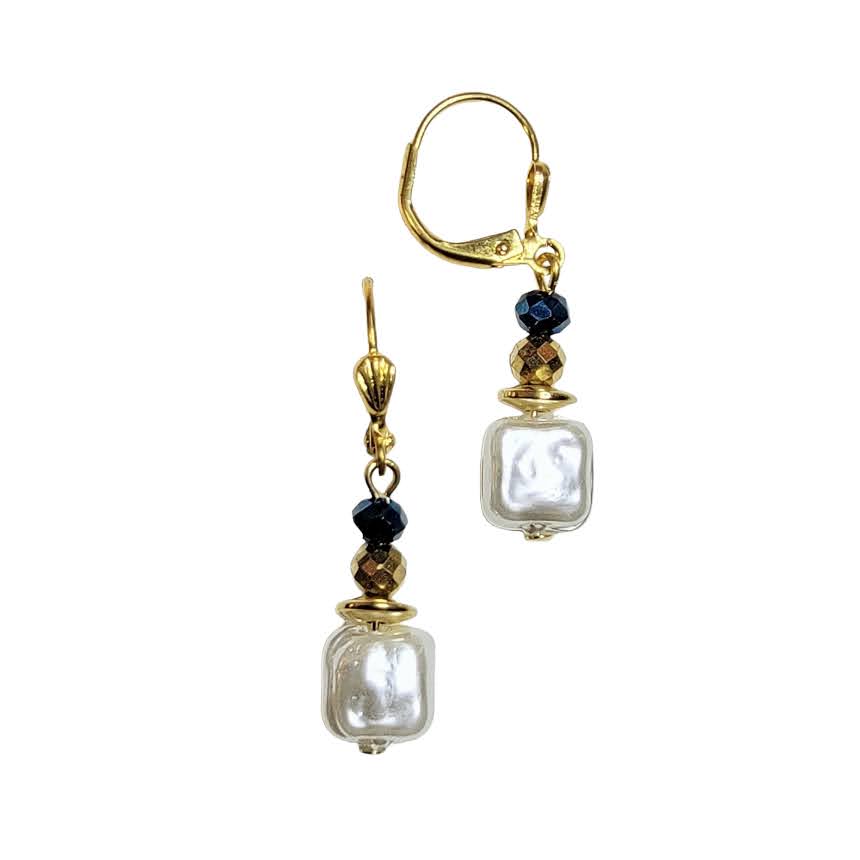 Square Pearl Blue Green Faceted Round Dangle Gold Tone Earring