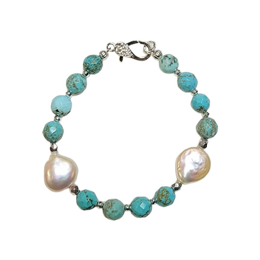 Freshwater Double Disc Pearl Turquoise Bracelet