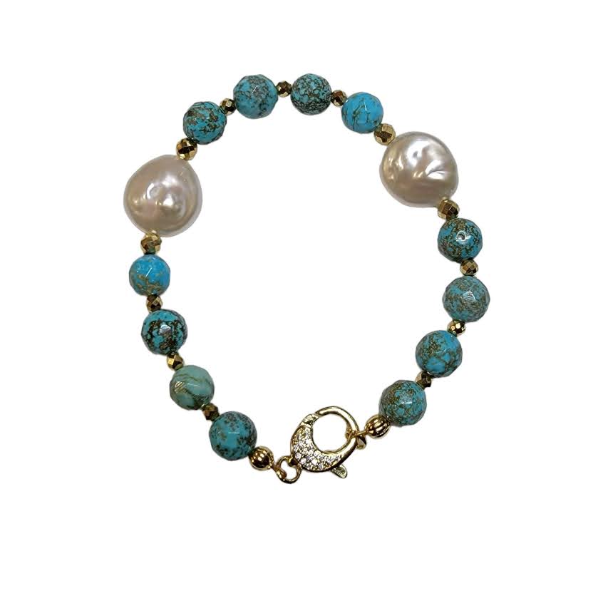 Freshwater Double Disc Pearl Turquoise Bracelet