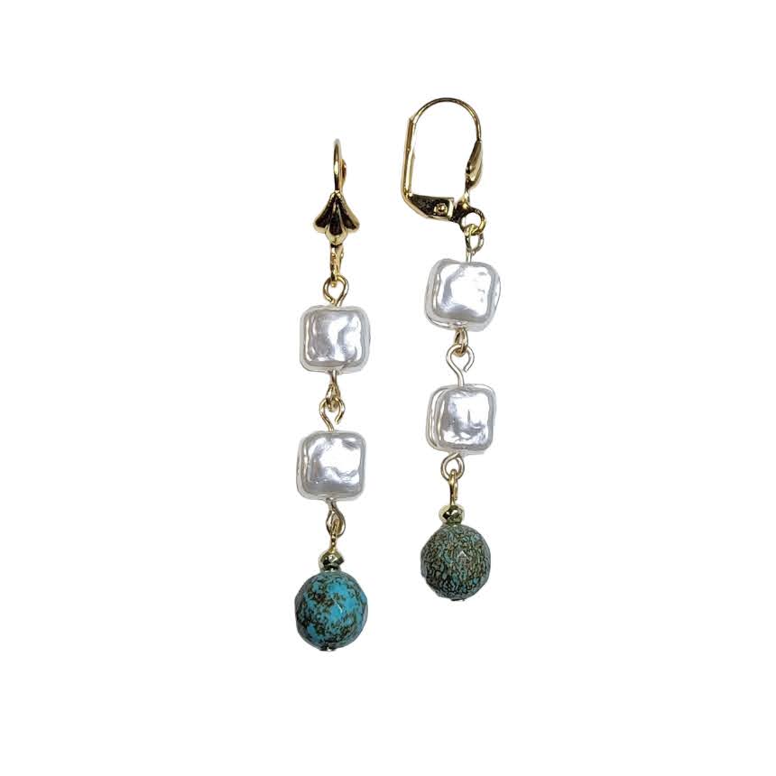 Square Double Pearl Turquoise Bead Earring