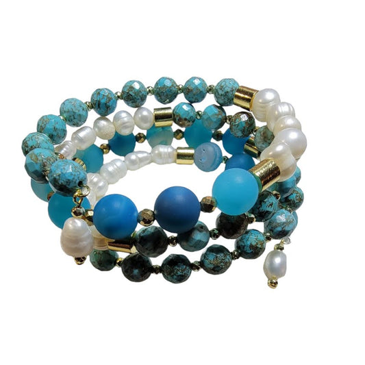 Freshwater Pearl Turquoise Matte Blue Agate Memory Wire Bracelet