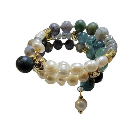 Freshwater Pearl Blue Indian Agate Memory Wire Bracelet