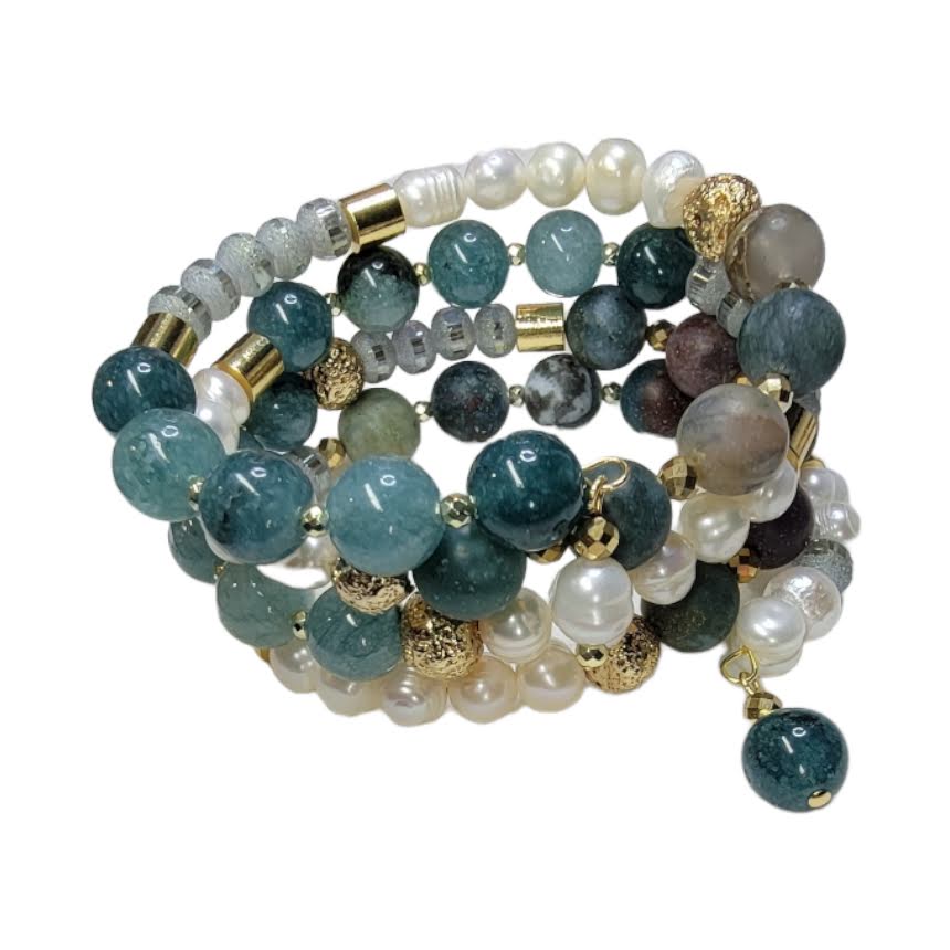 Freshwater Pearl Turquoise Indian Agate Czech Glass Memory Wire Bracelet