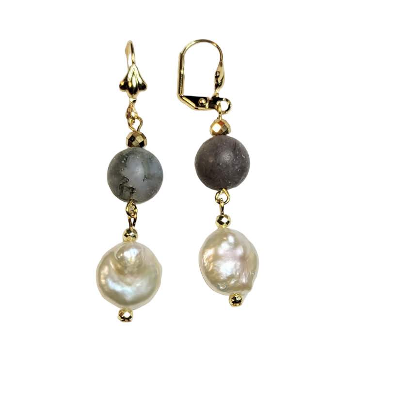 Disc Lentil Freshwater Pearl Indian Agate Dangle Gold Tone Earring