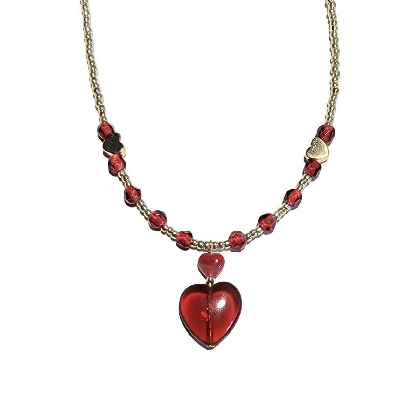 Czech Glass Focal Bead Heart Station Necklace