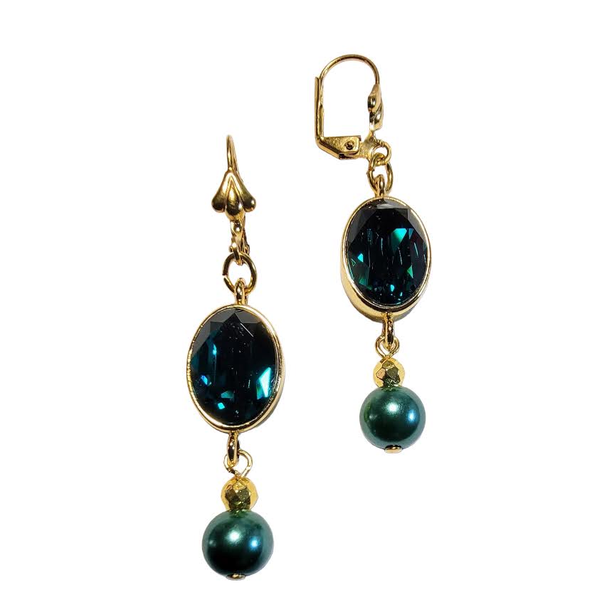 Swarovski Crystal Emerald Green Pearl Dangle Earrings