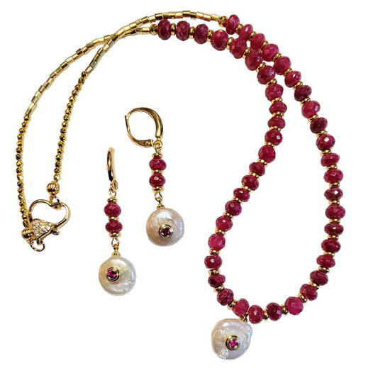 Lentil Disc Freshwater Pearl Ruby Set