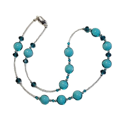 Aqua Blue Venetian Glass Disc Lentil Silver Accented Necklace