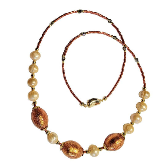 Venetian Glass Rose Gold Oval Bead Freshwater Pearls Necklace