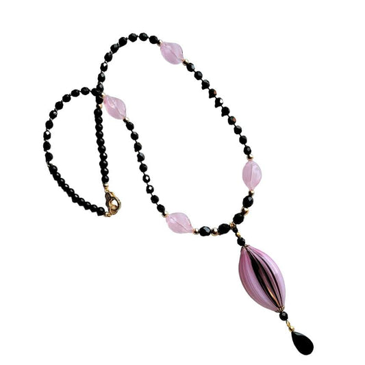 Venetian Glass Large Pink Black Stripe Focal Bead Black Accent Beaded Necklace