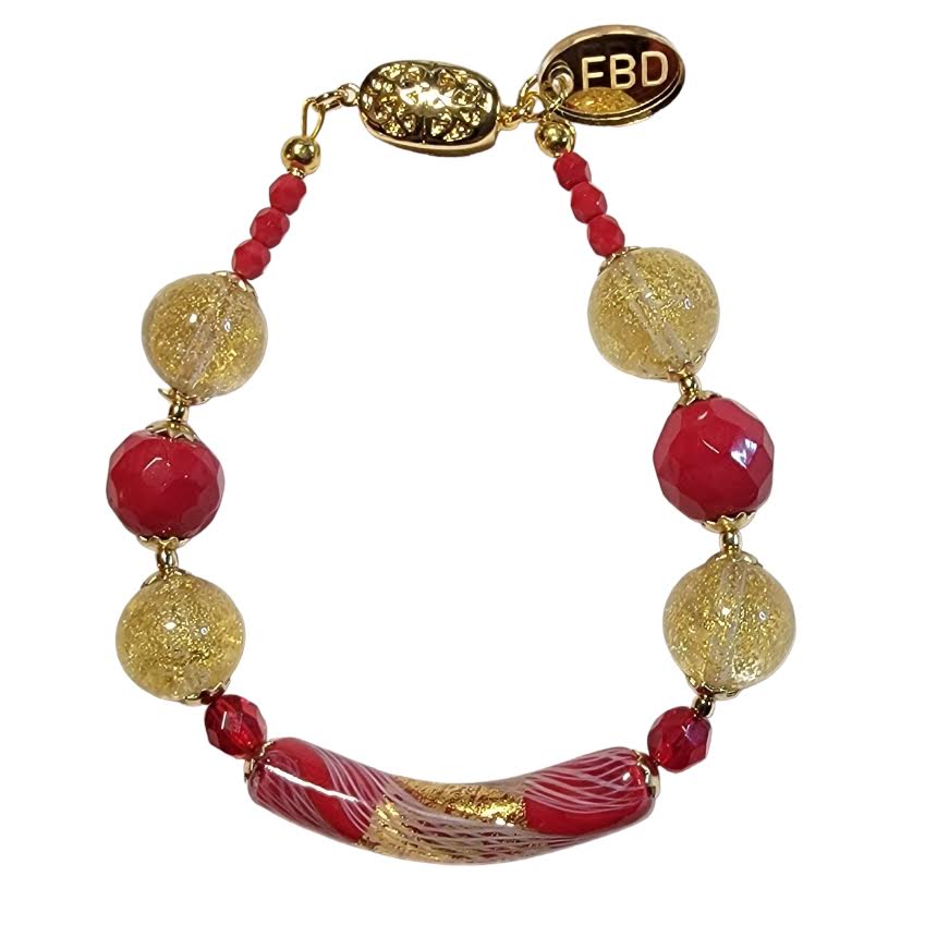 Venetian Glass Tube Beaded Gold Round Beaded Bracelet