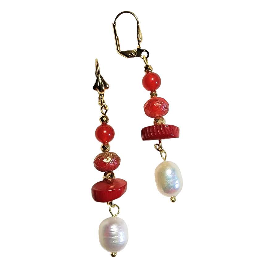 Pearl and Coral Dangle Gold Tone Earring