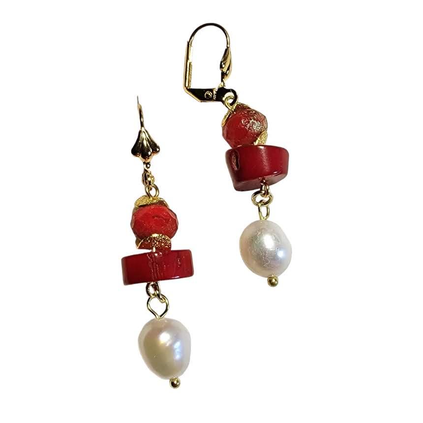 Pearl and Coral Short Dangle Gold Tone Earring