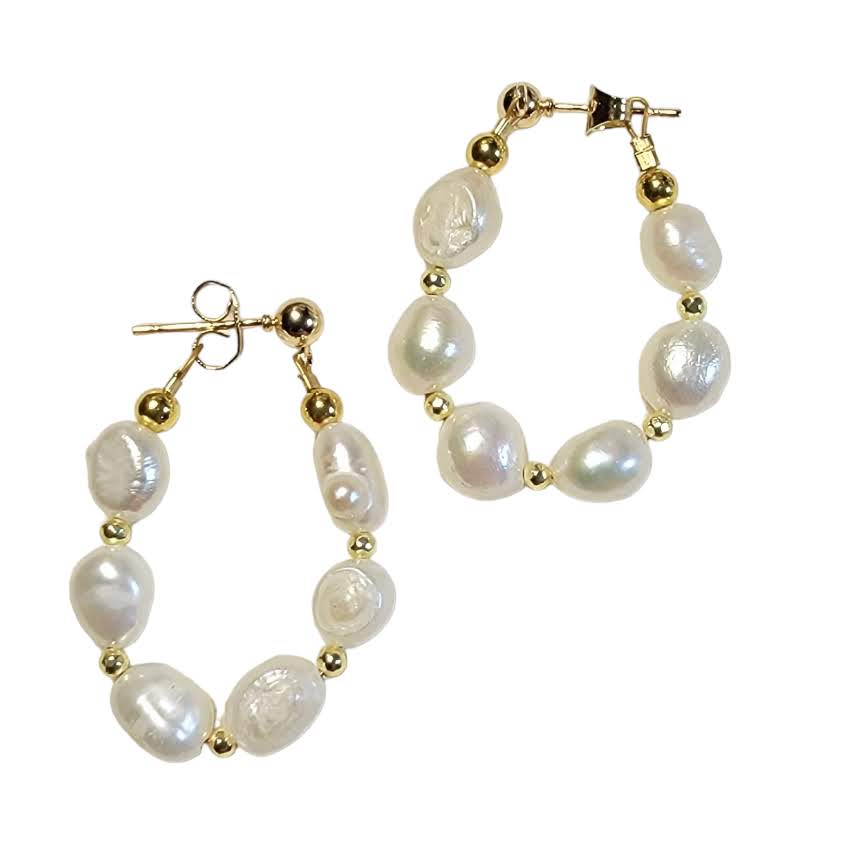 Freshwater Pearl Hoop Short Dangle Gold Tone Earring