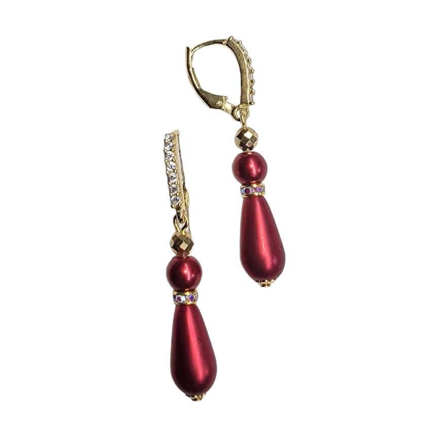 Red Czech Glass Pearl Dangle Gold Tone Earring