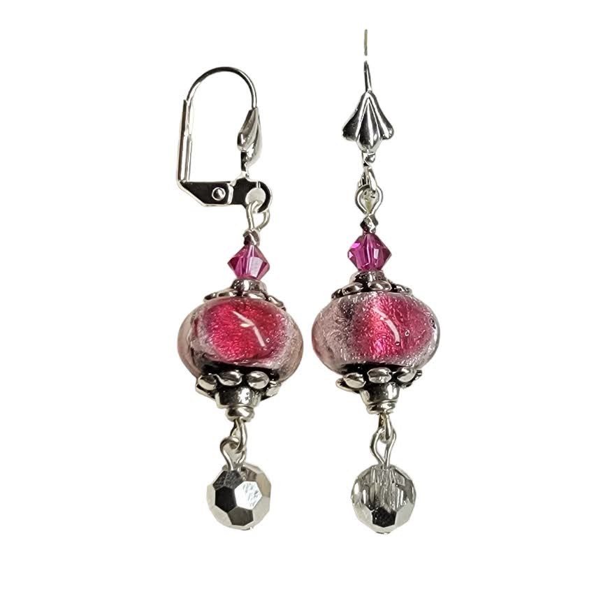 Venetian Glass Rondelle Silver Foiled Dangle Earrings