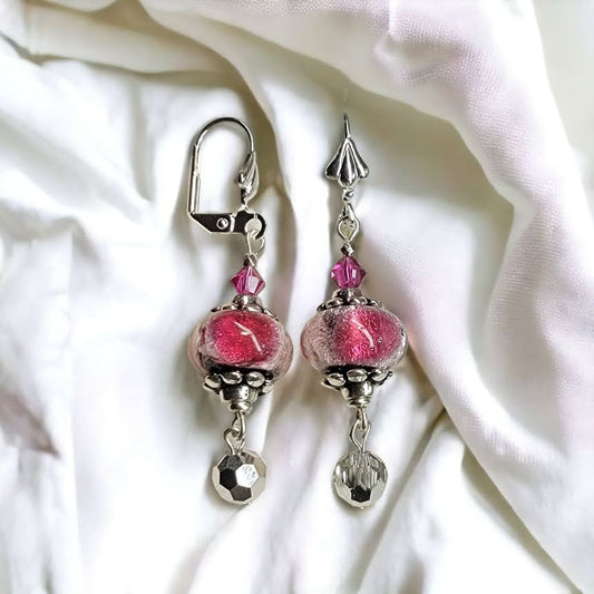 Venetian Glass Rondelle Silver Foiled Dangle Earrings