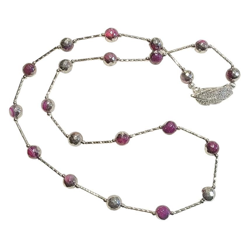 Metallic Magenta Agate Silver Twist Tube Necklace