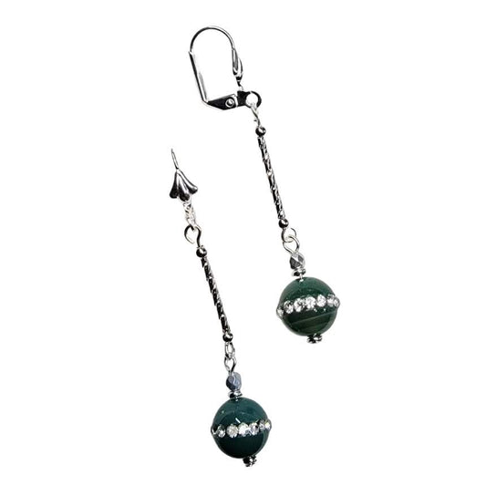 Green Agate Framed CZ Silver Tone Earrings