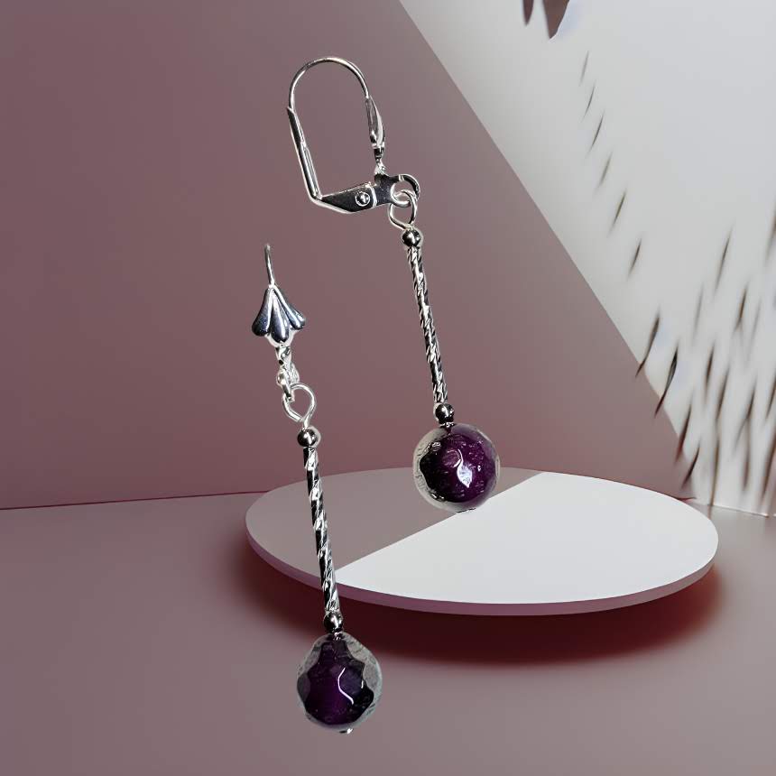 Metallic Magenta Agate Silver Tone Earrings