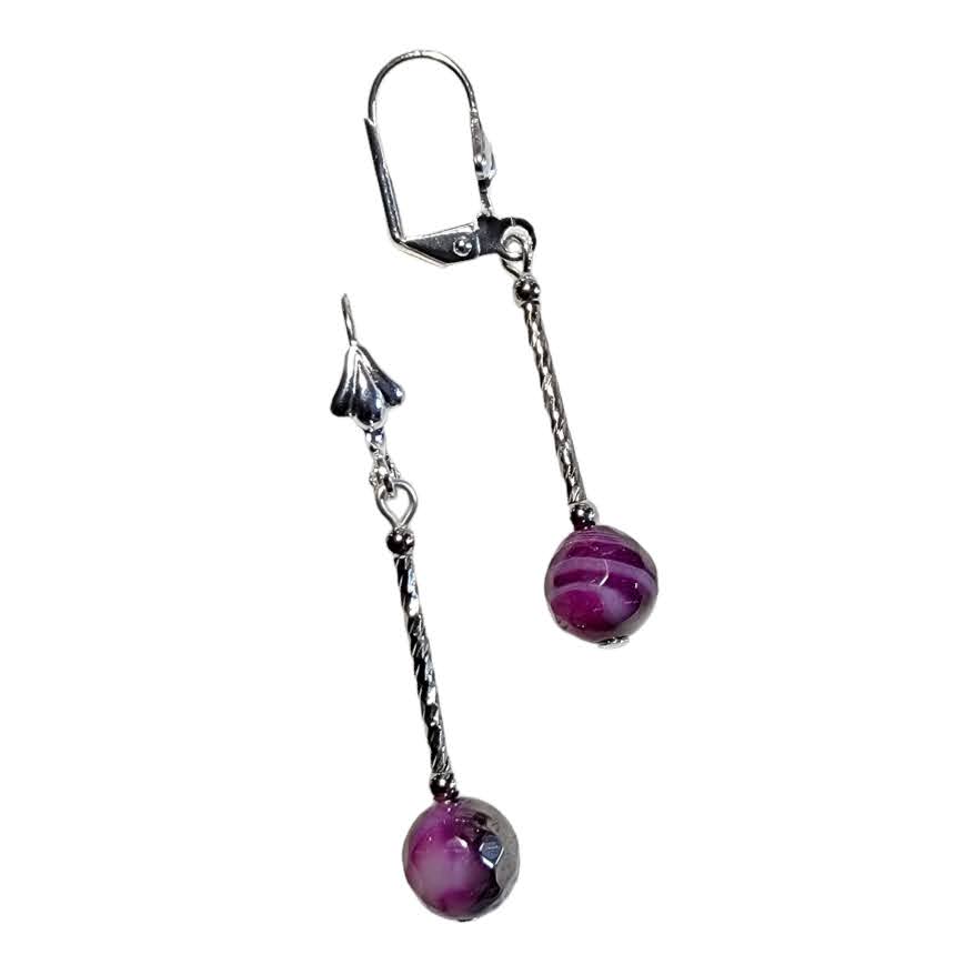 Metallic Magenta Agate Silver Tone Earrings